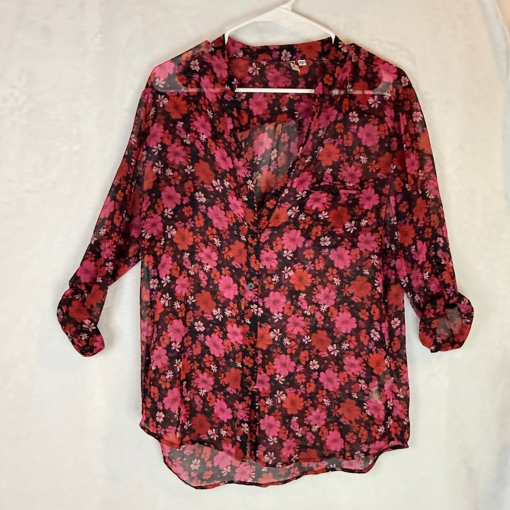 Kut from the Kloth Floral Sheer Blouse Women's‎ M Roll Tab Pink Boho Top